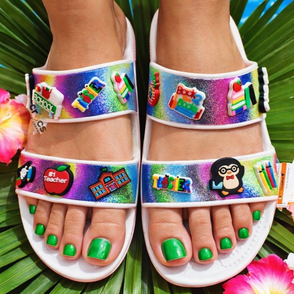 Shoes Sandals Two Straps‎ White/Multi (Men-7/W-9) Teacher Charms